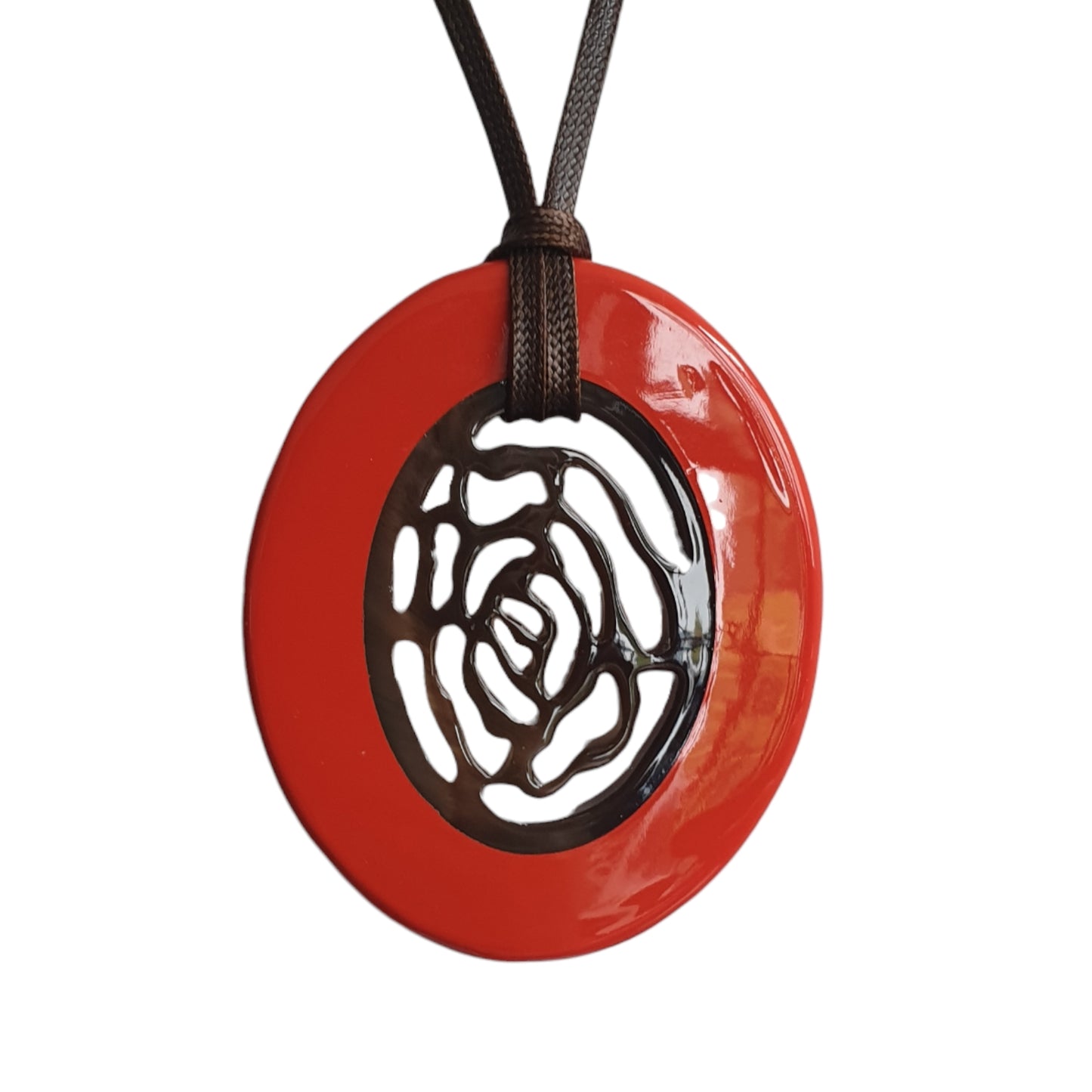 elliptical pendant is designed with brilliant white outline, inside with rose pattern made from unique natural buffalo horn on a light background, impressive gift for her