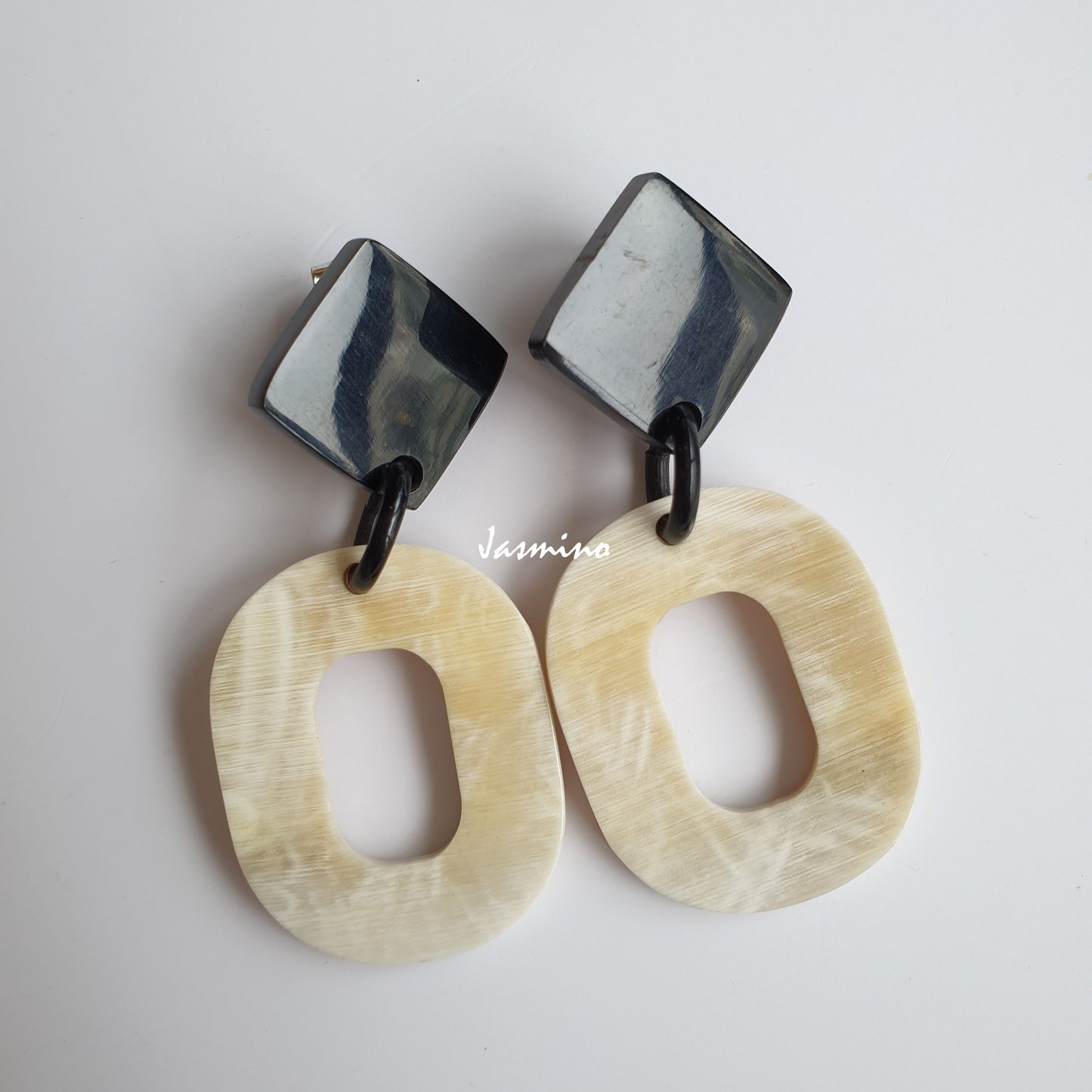 Jasmino Unique Handmade Minimalist Vintage Large Oval Drop Earrings Made By Natural Buffalo Horn Featured White