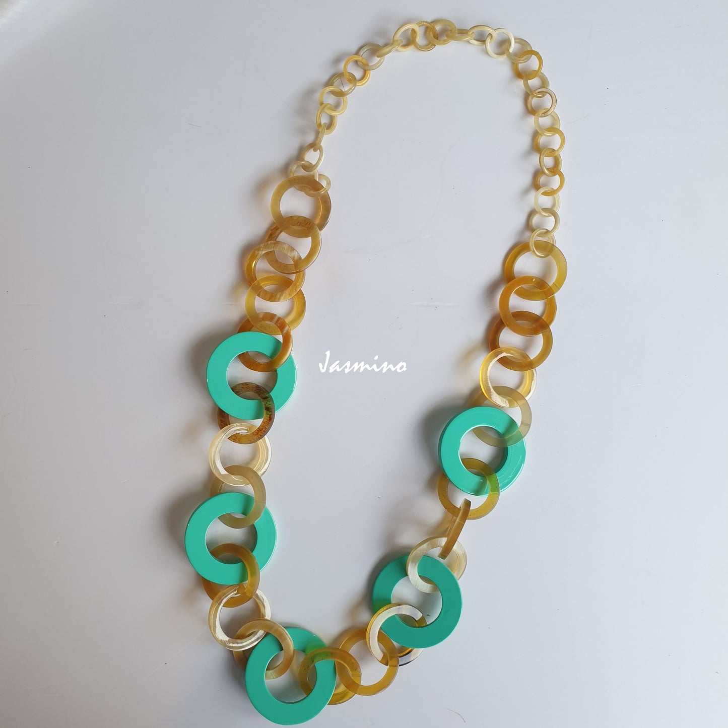 Jasmino unique handmade Vintage circle chain link necklace features turquoise and yellow in natural buffalo horn for summer beaches