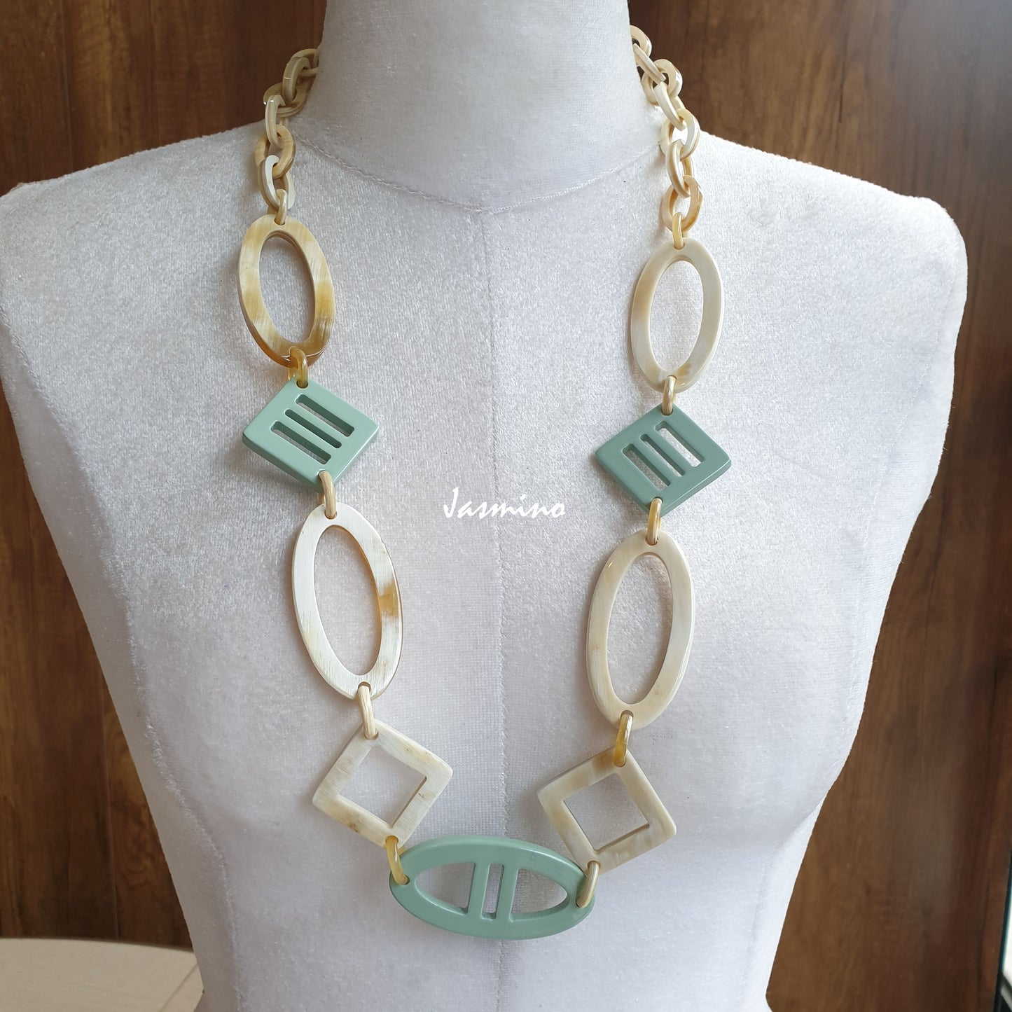 Jasmino unique handmade Vintage Beach chain necklace features white and light turquoise in natural buffalo horn for women