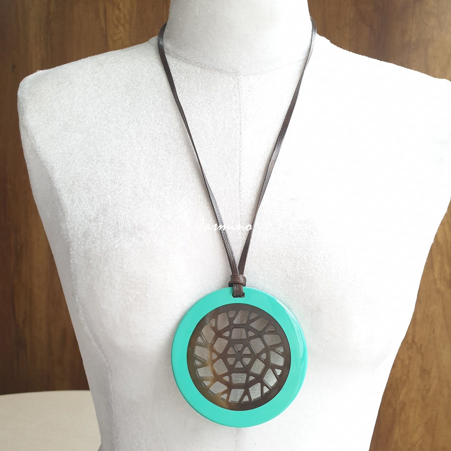 Jasmino unique handmade Vintage turquoise pendant in a circle shape and natural buffalo horn for Birthday gift ideas