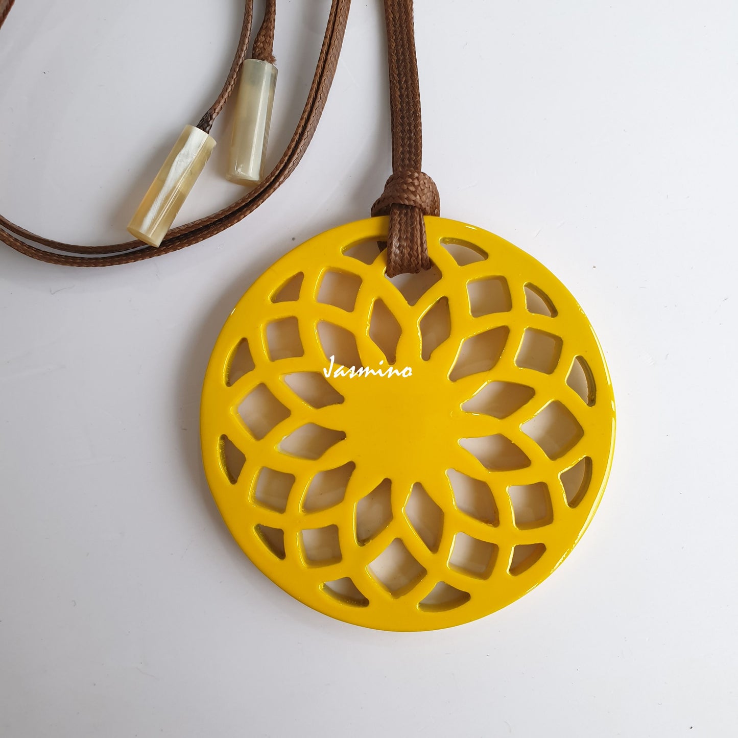 Jasmino unique handmade Minimalist Vintage yellow pendant in a circle shape and natural buffalo horn for women