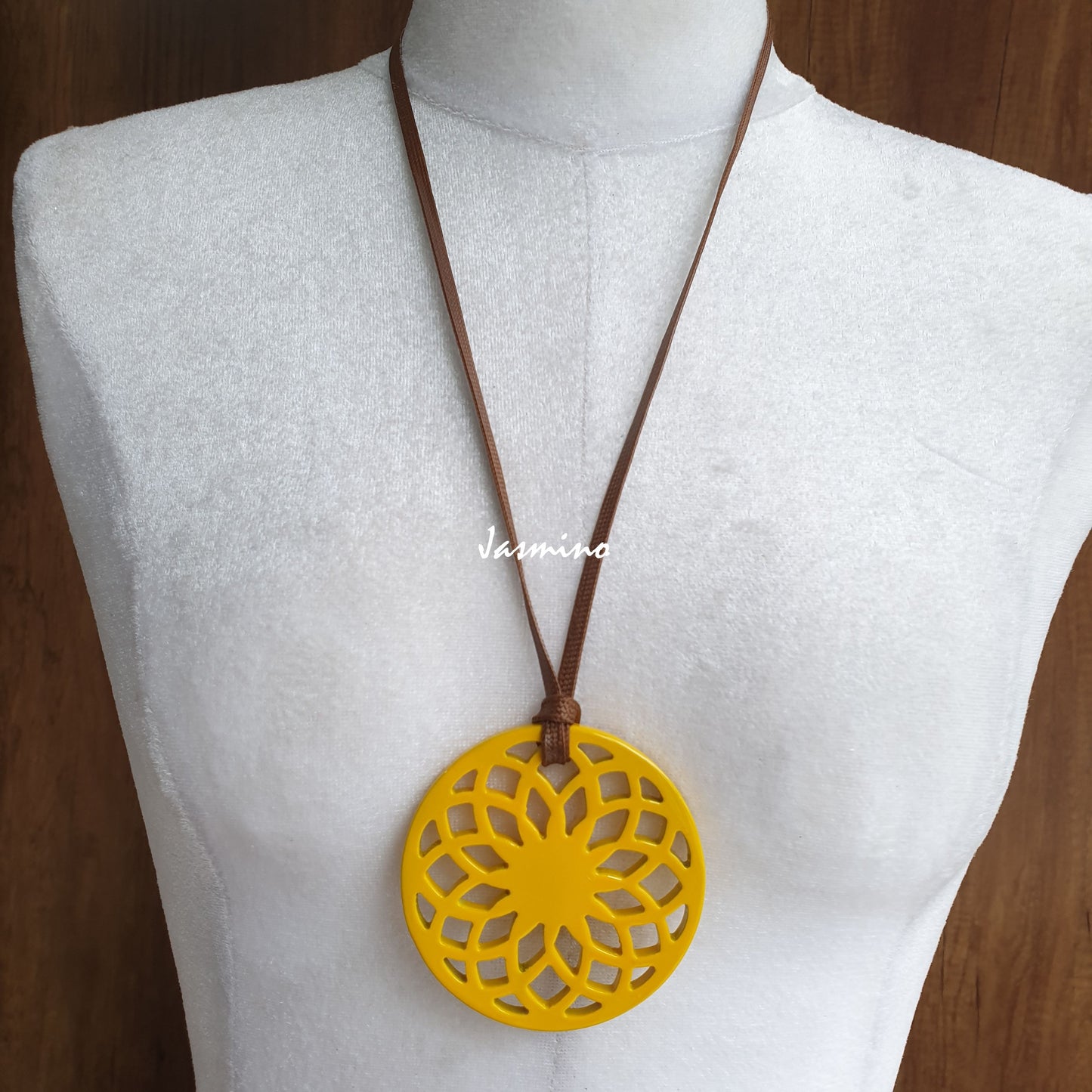 Jasmino unique handmade Minimalist Vintage yellow pendant in a circle shape and natural buffalo horn for women