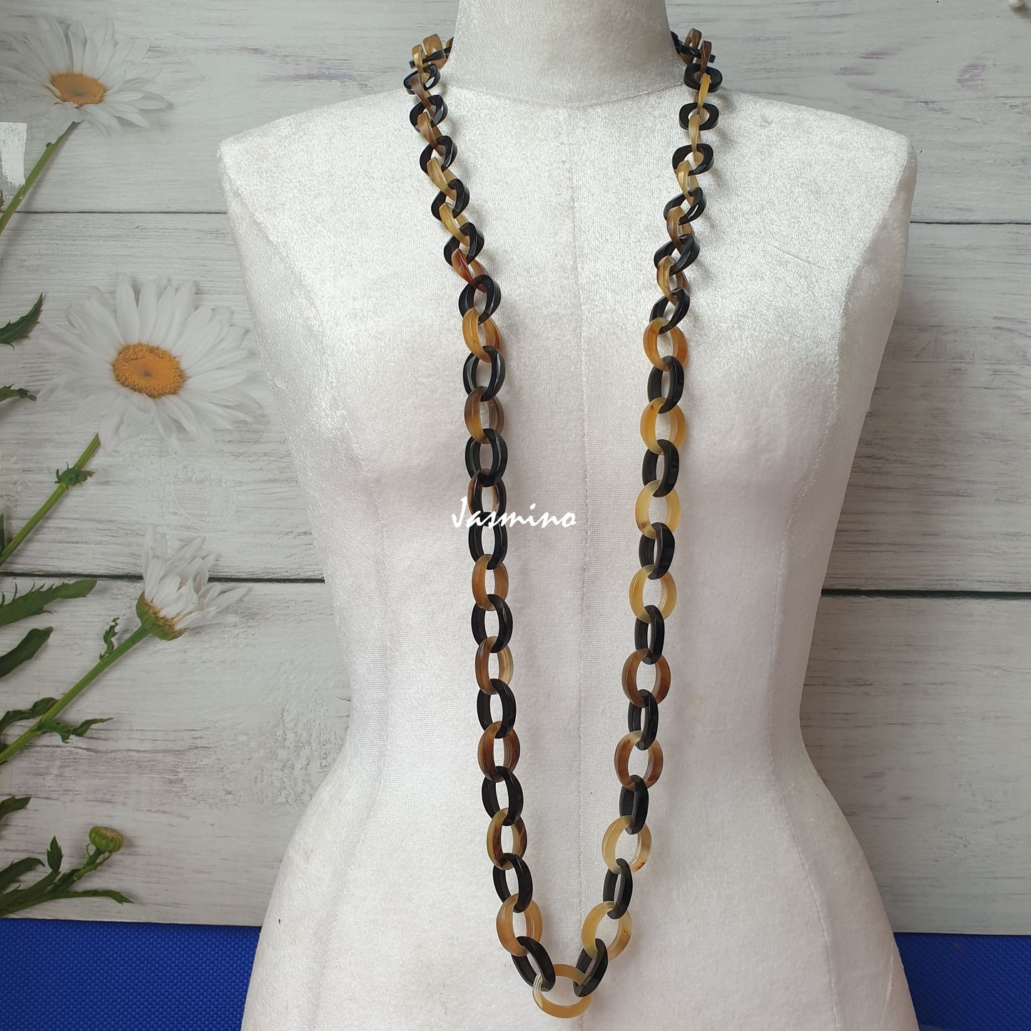 Jasmino unique handmade Bohemian long chain link necklace features black and brown in natural buffalo horn for women's outfits