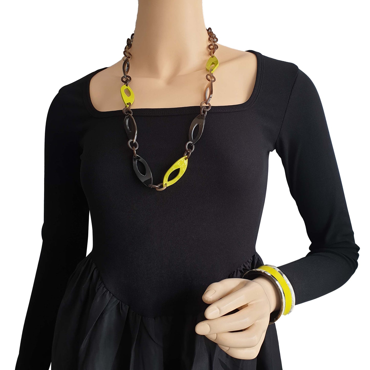 leaf chain necklace features yellow in natural buffalo horn