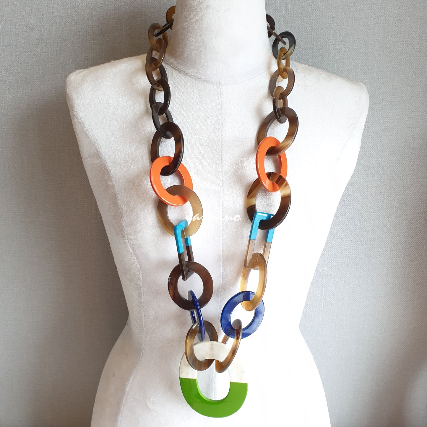 colorful horn buffalo necklace on the light background- 95 cm, impressive gift for her