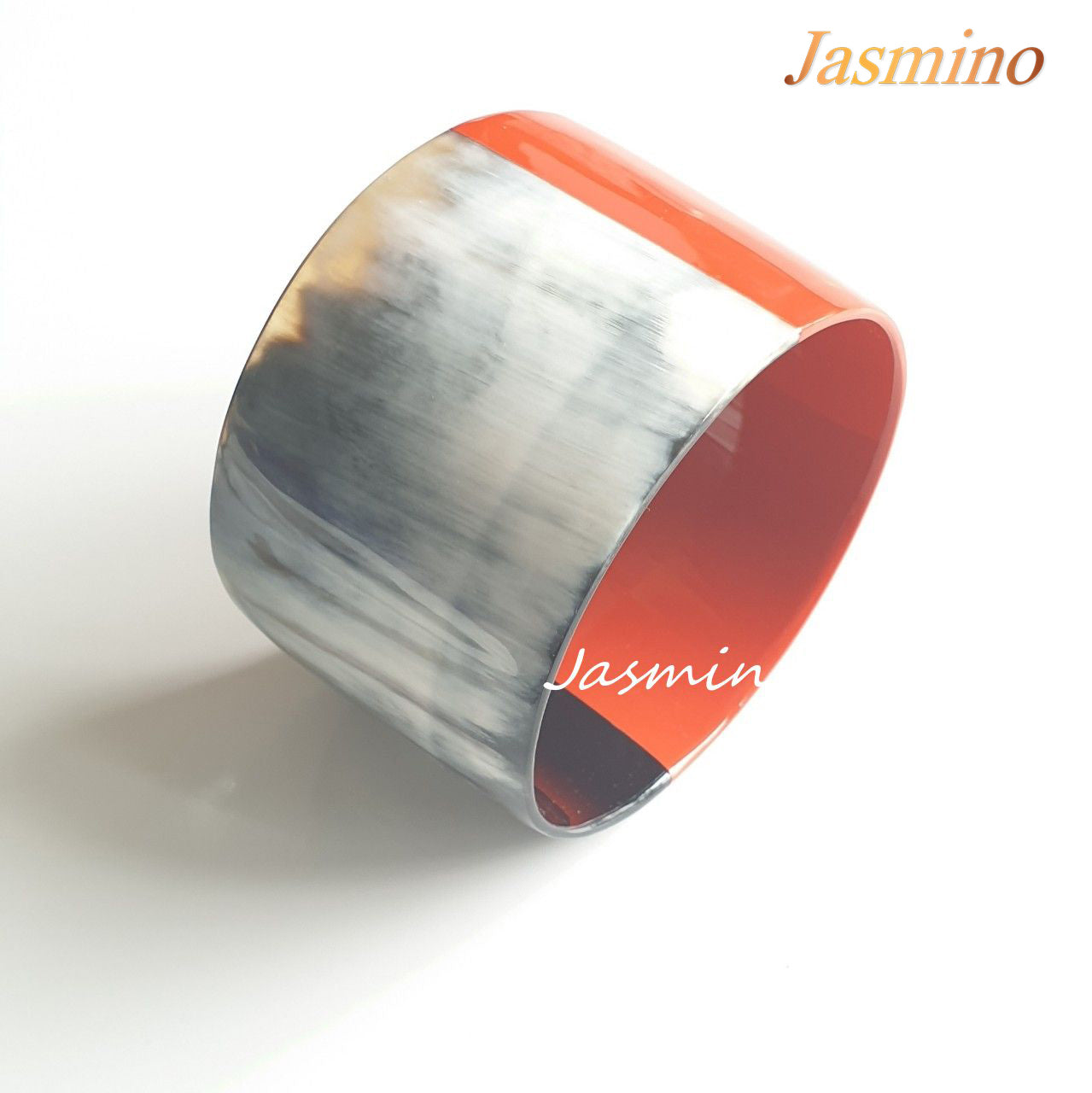 bracelet is designed with half natural buffalo horn and half orange red lacquer in natural light, unique gift for her