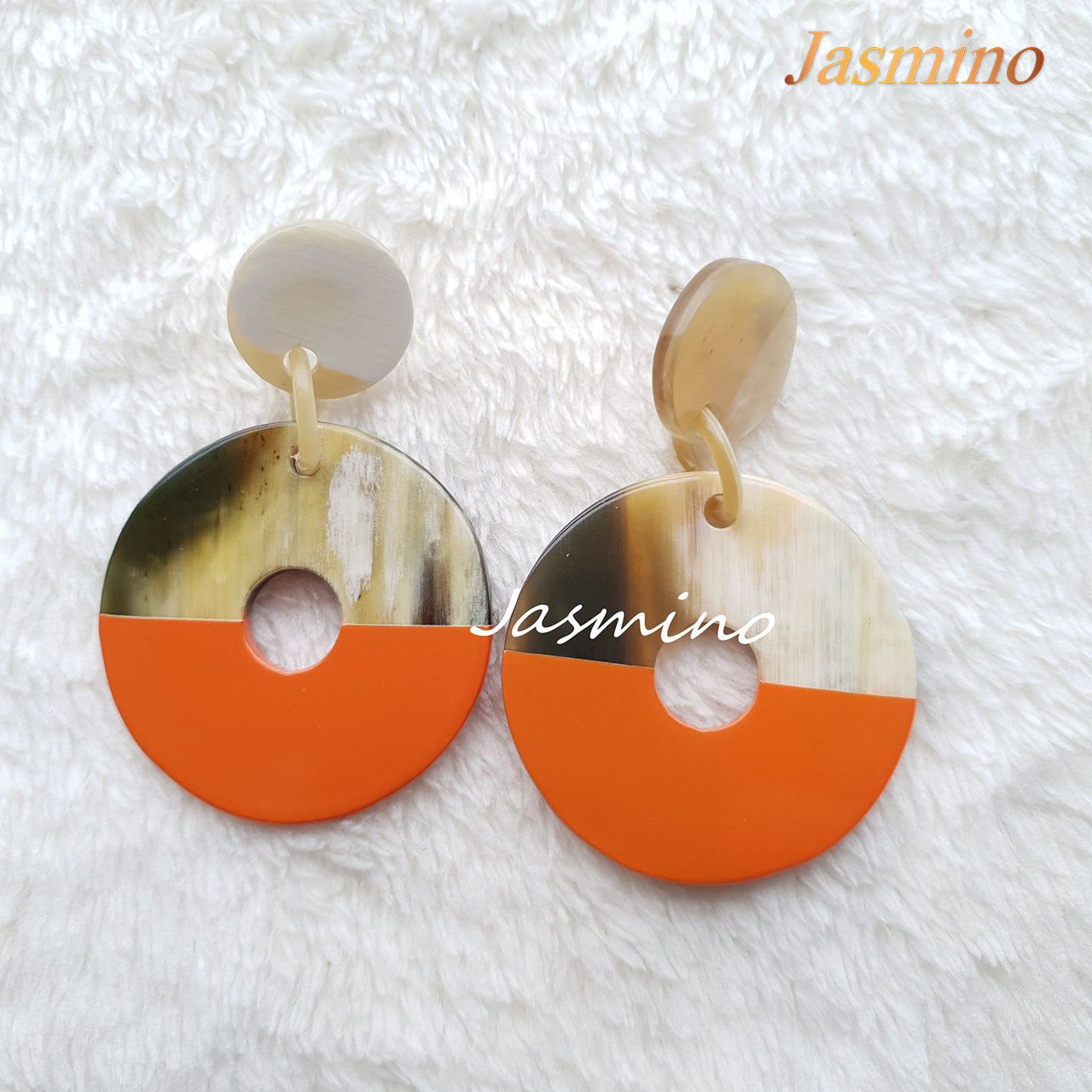 Jasmino Unique Handmade Vintage Coin Circle Drop Earrings Made By Natural Buffalo Horn Featured Orange