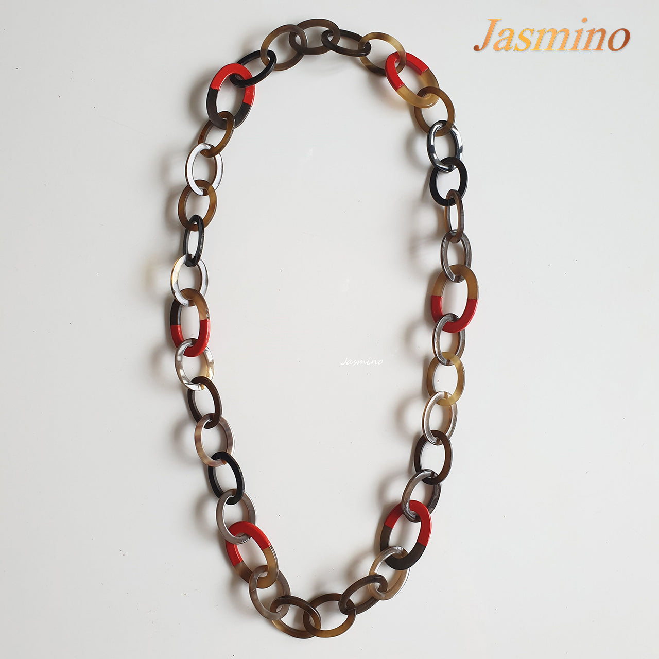 The necklace has large links with half natural horn and half red lacquer, unique gift for her