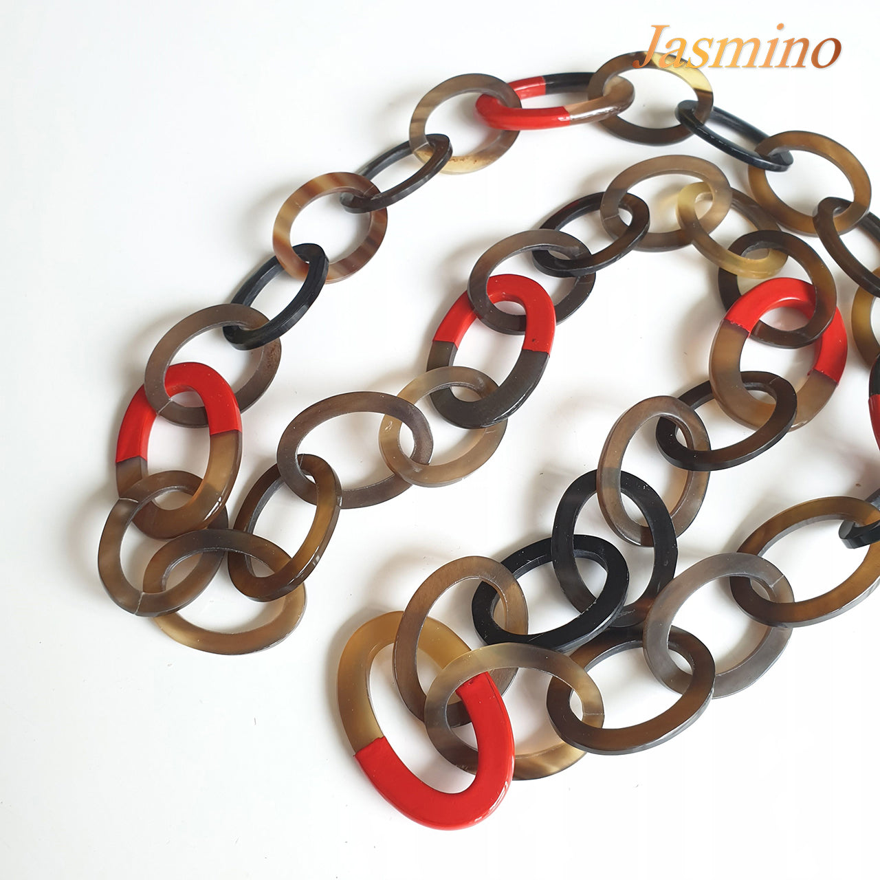 The necklace has large links with half natural horn and half red lacquer, unique gift for her