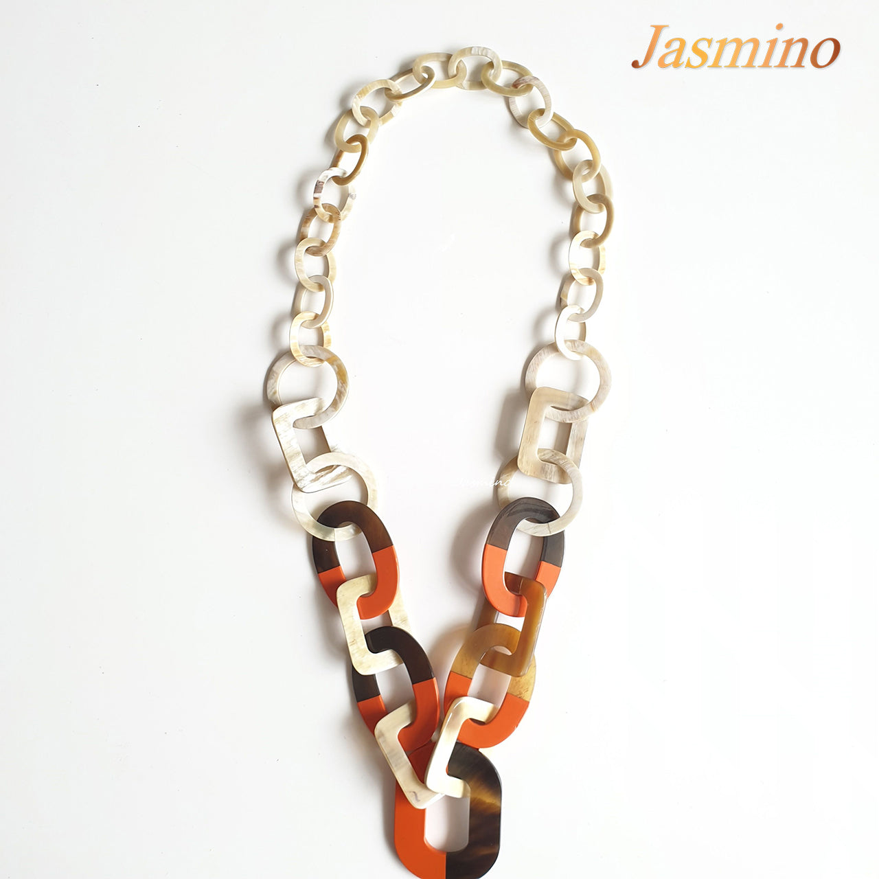 The necklace has large pieces with half natural horn and half orange peel lacquer, unique gift for her