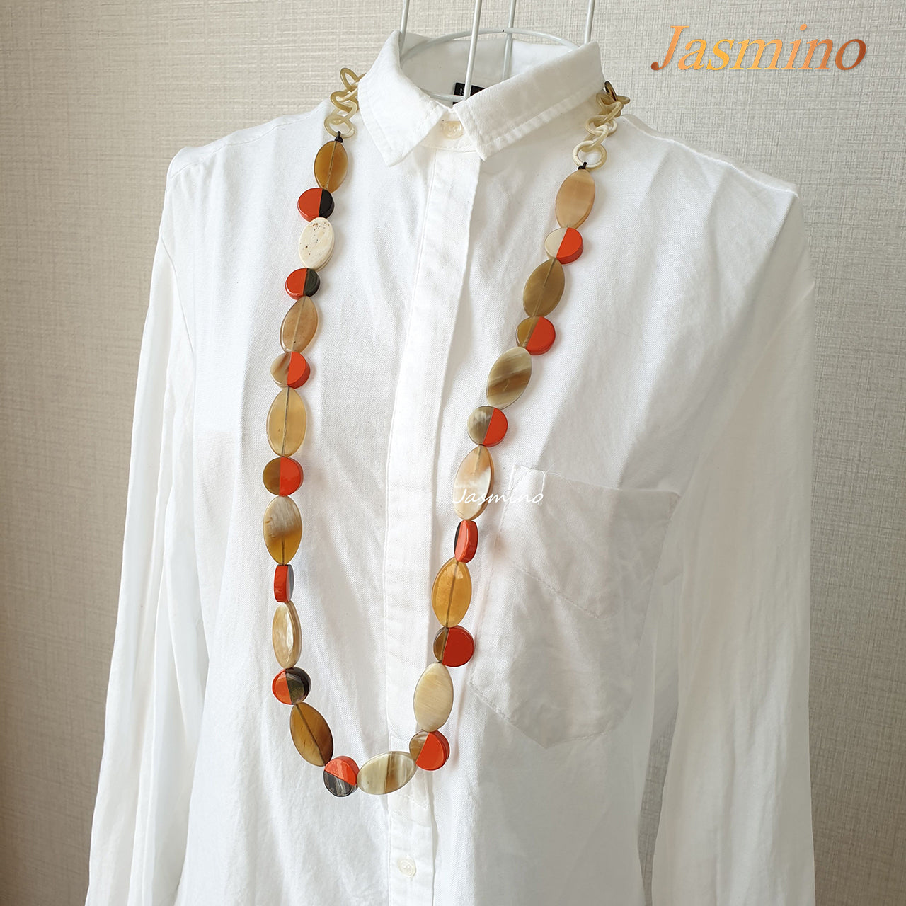 orange peel necklace made of alternating elliptical and circular buffalo horn pieces- 90cm, an impressive gift for your friend