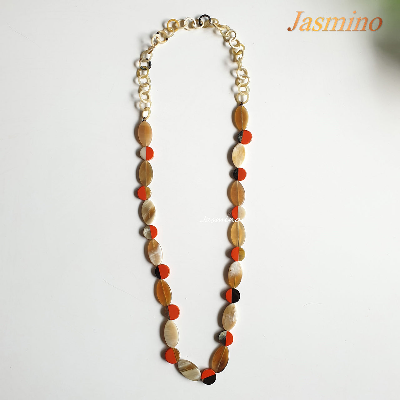 orange peel necklace made of alternating elliptical and circular buffalo horn pieces- 90cm, an impressive gift for your friend