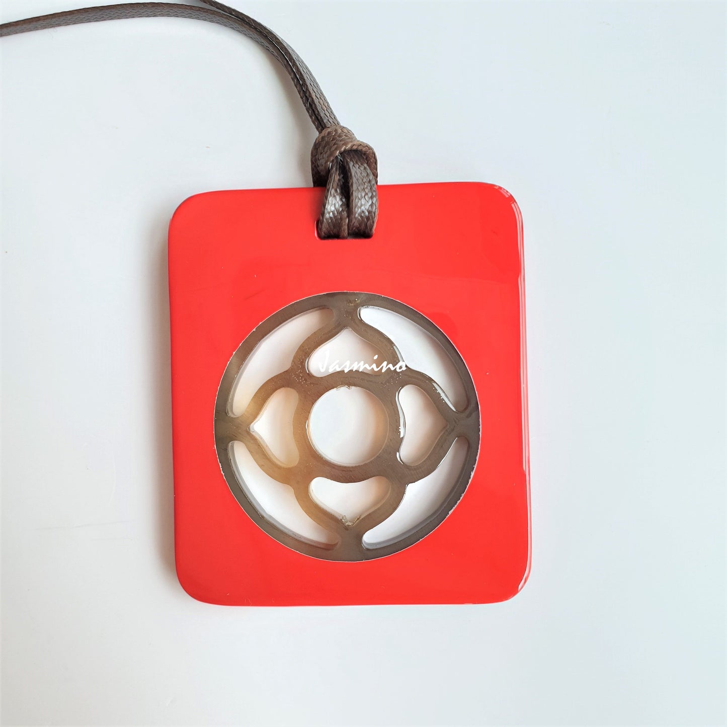 unique handmade Vintage orange-red rectangle pendant has a central lotus shape in natural buffalo horn for women