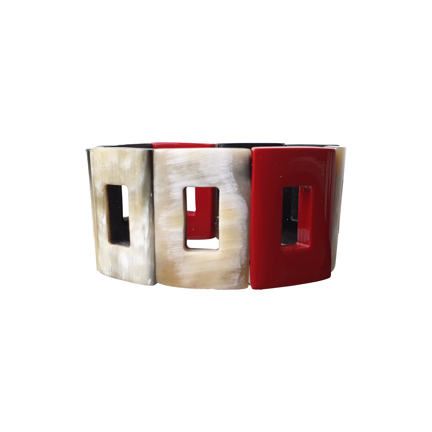 The bracelet is made from rectangular natural horn pieces and rectangular flame scarlet lacquer horn pieces on the light background, impressive gift for her