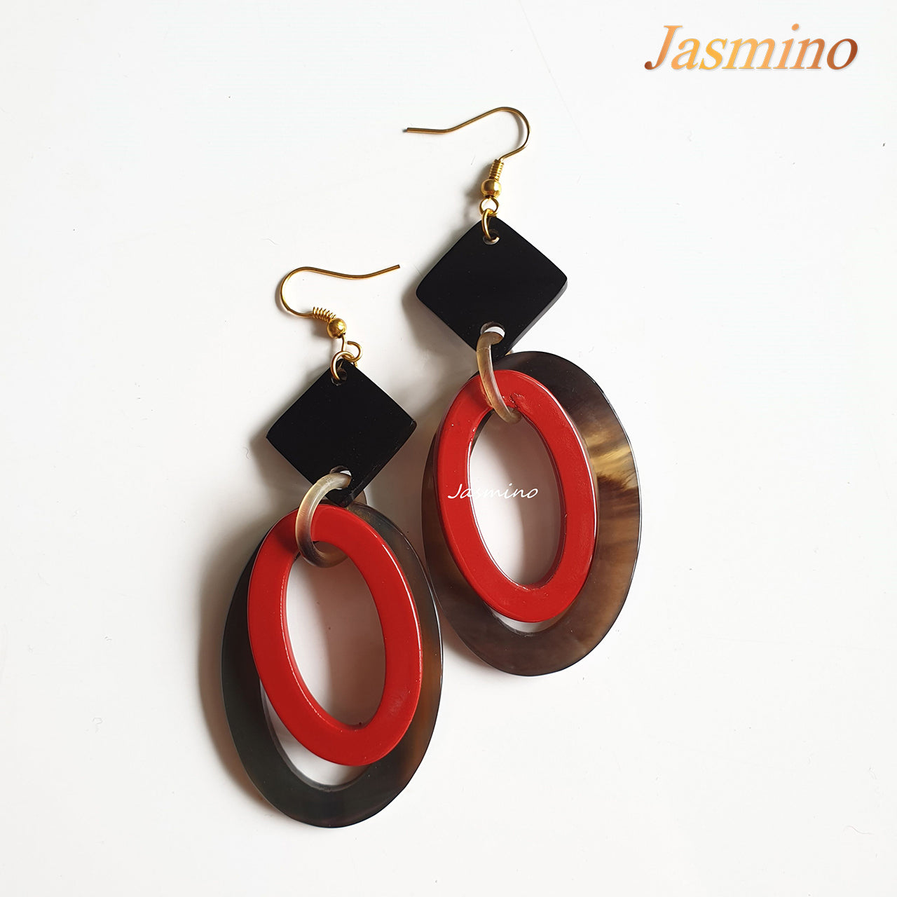 Jasmino Unique Handmade Double Oval Dangle Earrings For Christmas Gifts Made By Natural Buffalo Horn Featured Brown And Red