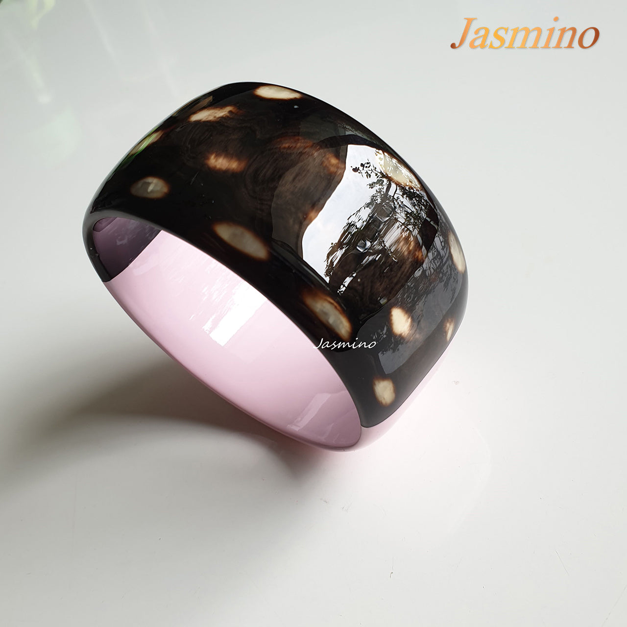 Jasmino unique handmade bangle bracelet features half rose quartz lacquer and spotted white, unique gift for her