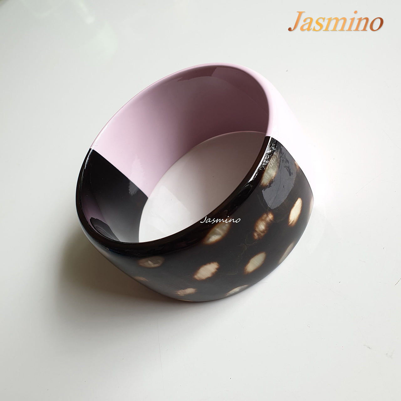 Jasmino unique handmade bangle bracelet features half rose quartz lacquer and spotted white, unique gift for her