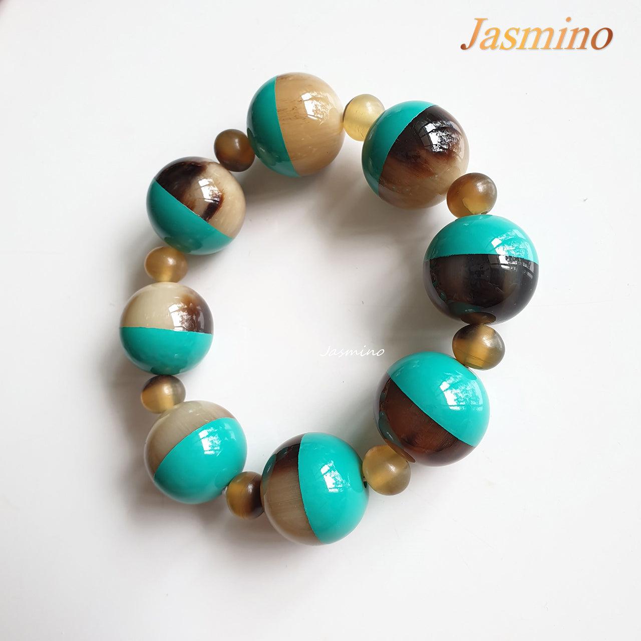 Jasmino unique handmade Ethnic Vintage alternating circle bangle bracelet features brown and turquoise in natural buffalo horn