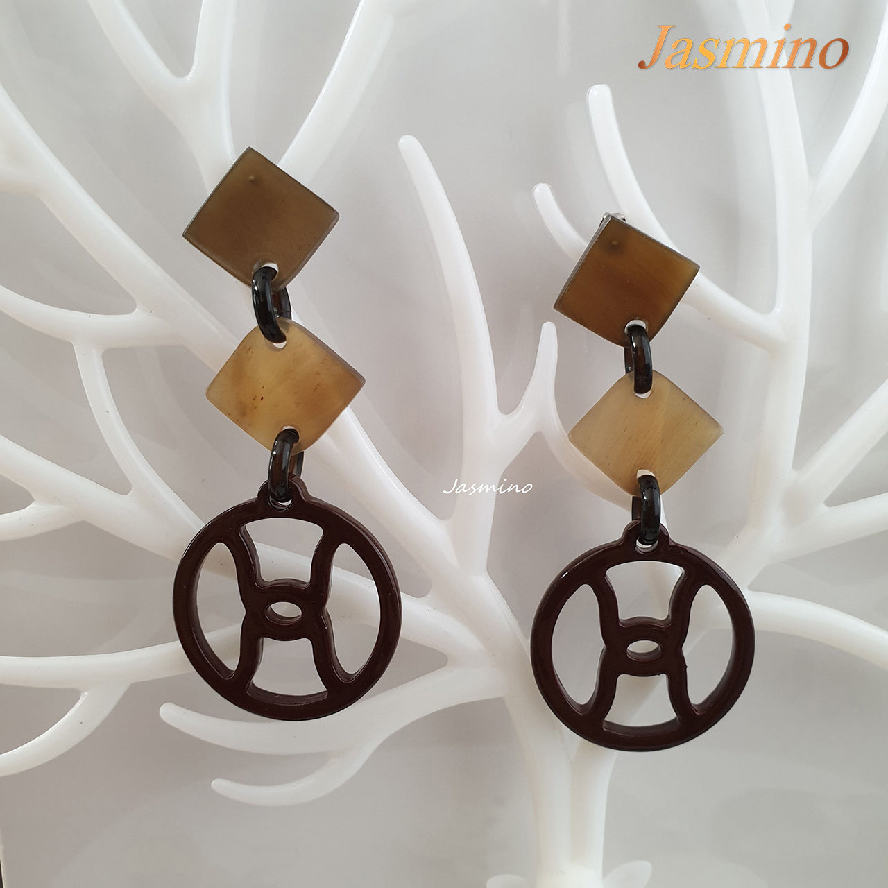 Jasmino Unique Vintage H-Shaped Circular Drop Earrings Made By Natural Buffalo Horn Featured Deep Brown