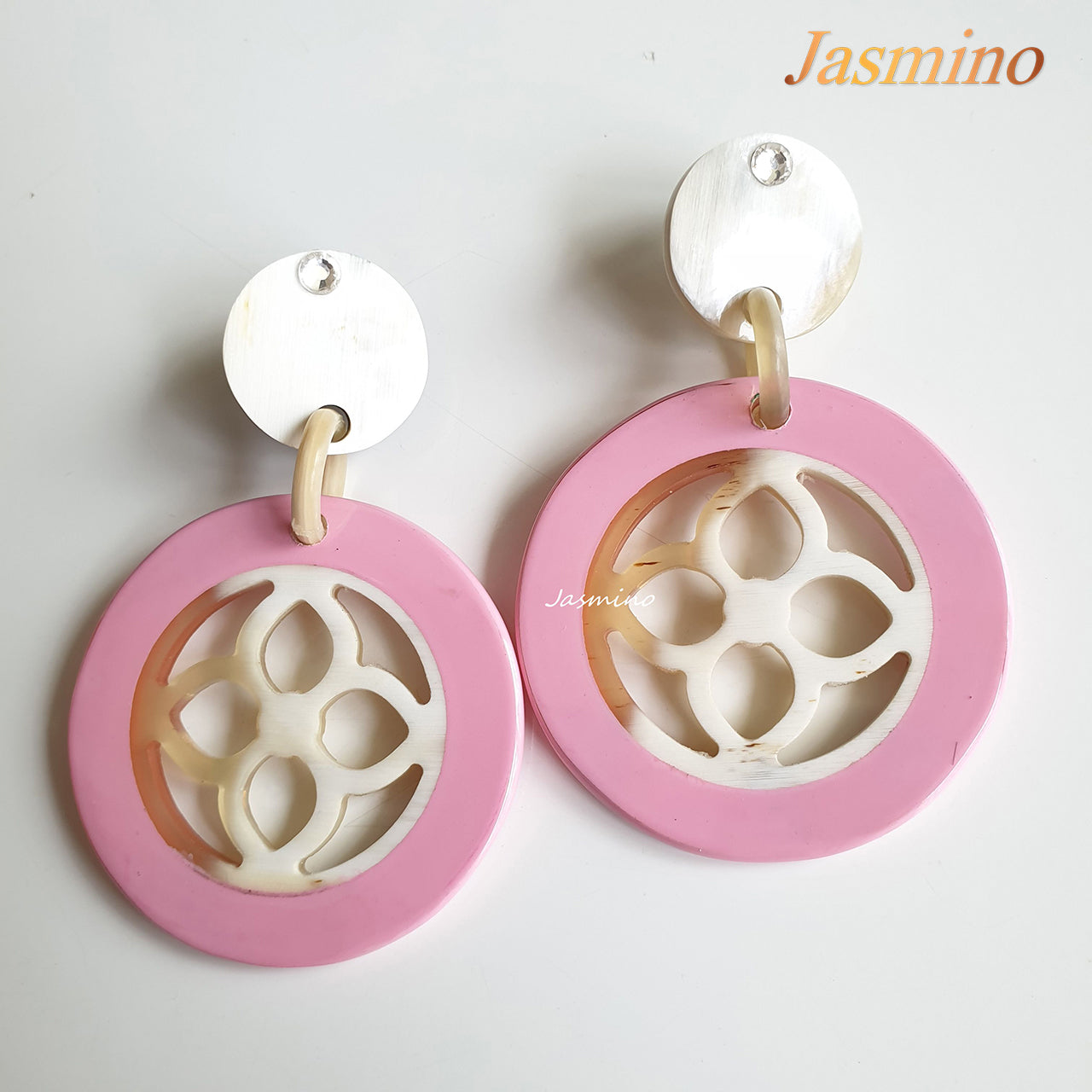  Round earrings with light pink, inside with flower pattern made from natural buffalo horn on a light background- 5cm