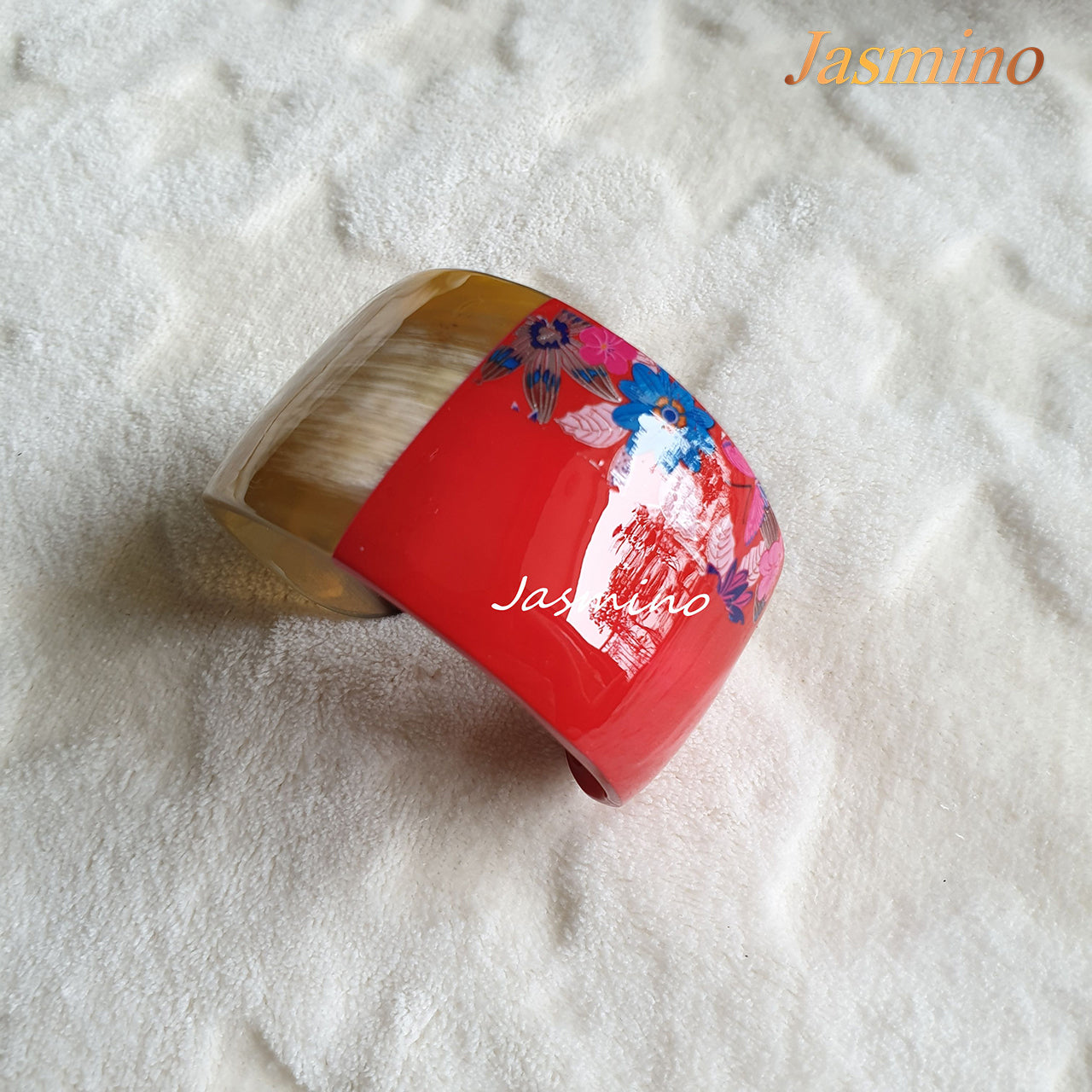 the bracelet is designed with half natural horn and half flame scarlet lacquer and shaped by small flowers, unique gift for her