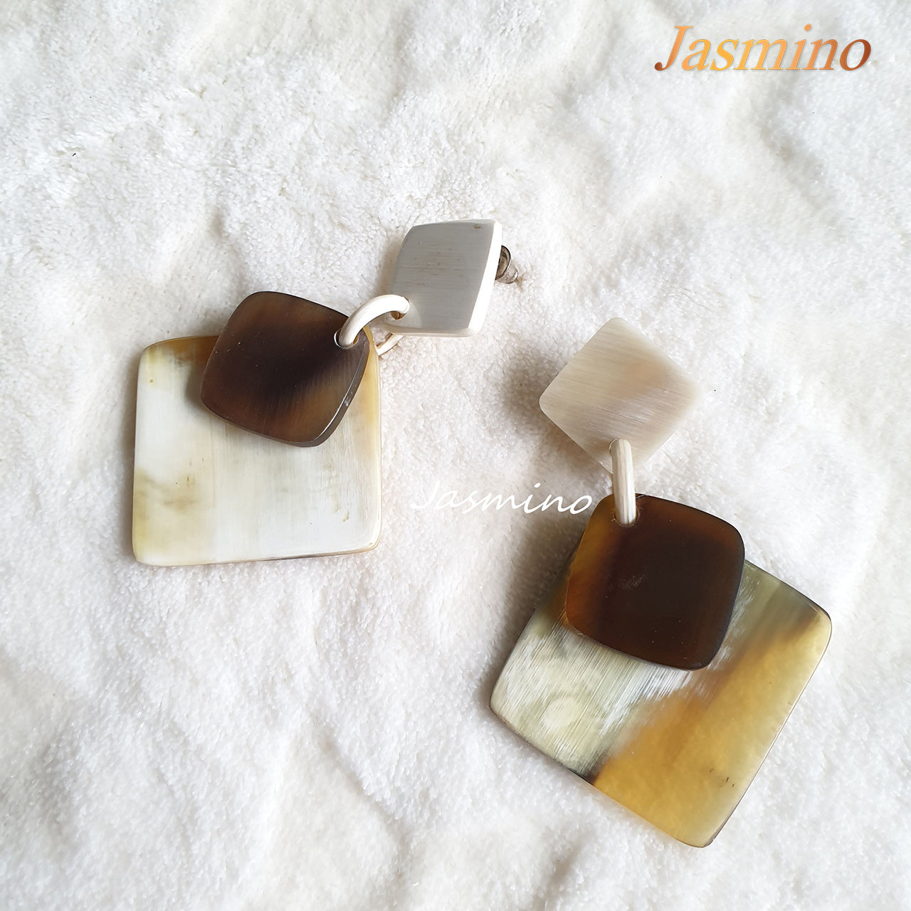 Minimalist Vintage square drop earrings feature brown and white made of natural buffalo horn for women on Birthday and Mother's Day