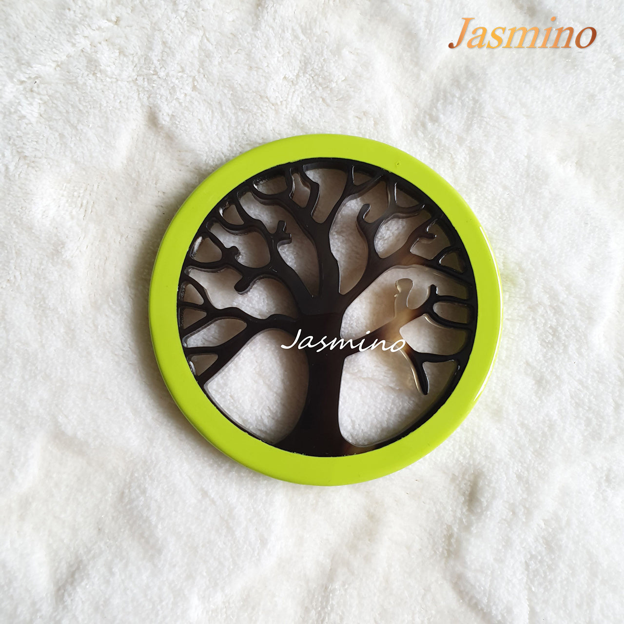 circular pendant is designed with lime outline, inside with a tree pattern made of unique natural buffalo horn on a light background,  impressive gift for her 