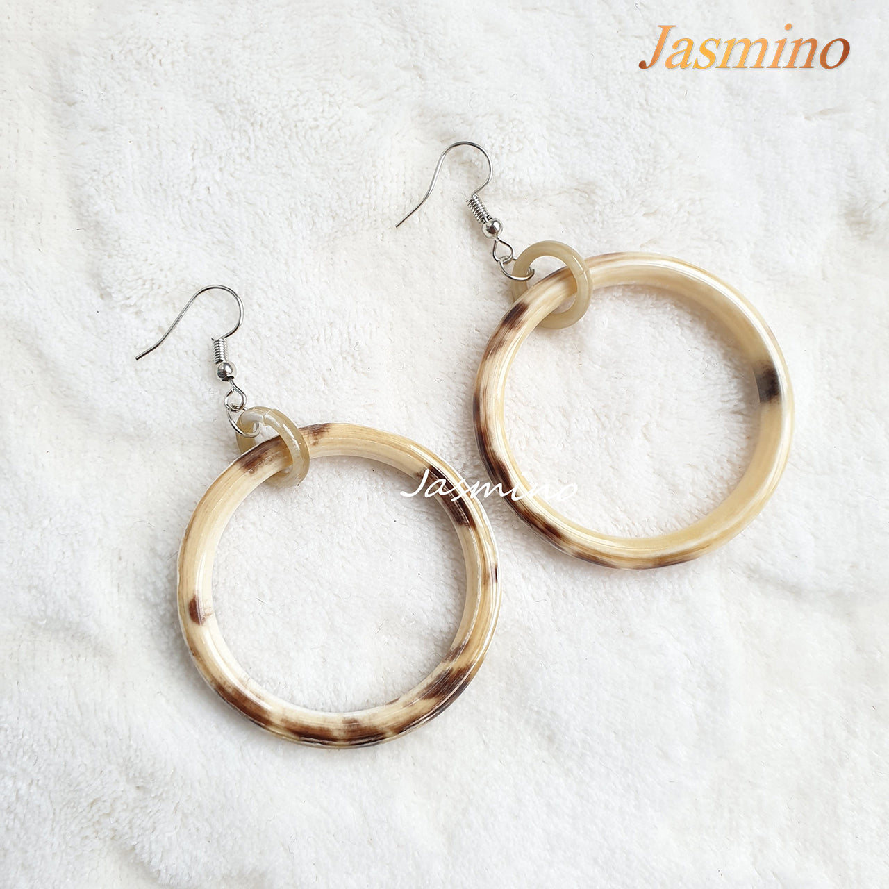 Jasmino unique handmade thin circle dangle earrings feature white made of natural buffalo horn