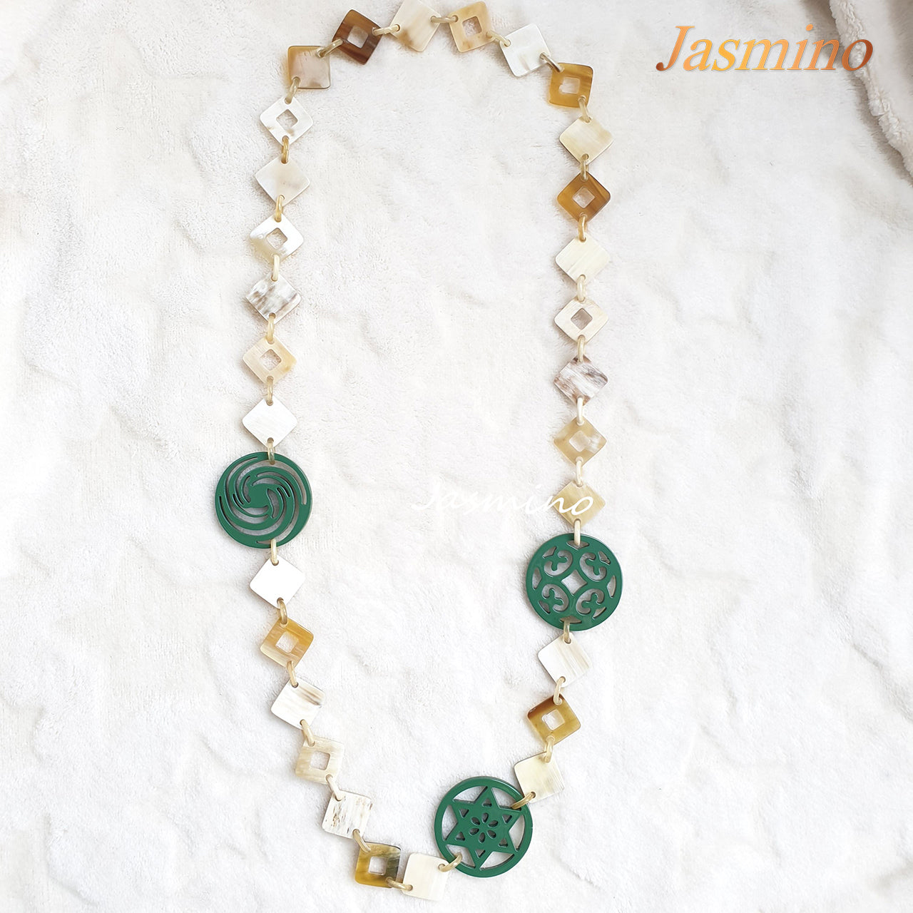 unique handmade Christmas diamond shaped necklace jewelry features green and white in natural buffalo horn