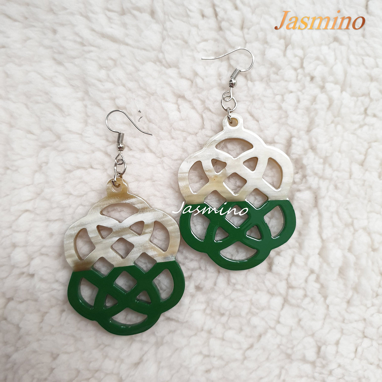 The unique handmade earrings are designed with half natural horn and half forest green lacquer, unique gift for her and Christmas