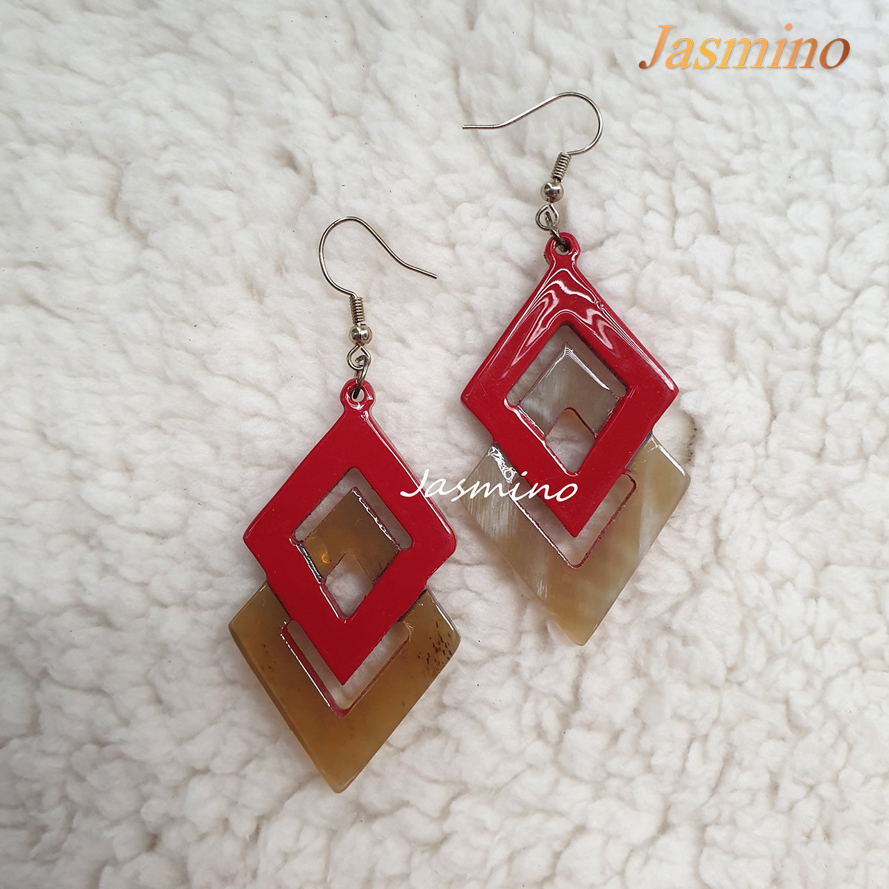 Jasmino Unique Handmade Vintage Rhombus Dangle Earrings Made By Natural Buffalo Horn Featured Red, For Christmas