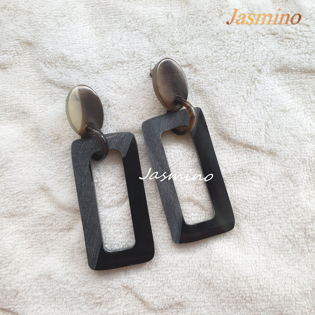 Jasmimo handmade Minimalist geometric rectangle drop earrings feature black made by natural buffalo horn