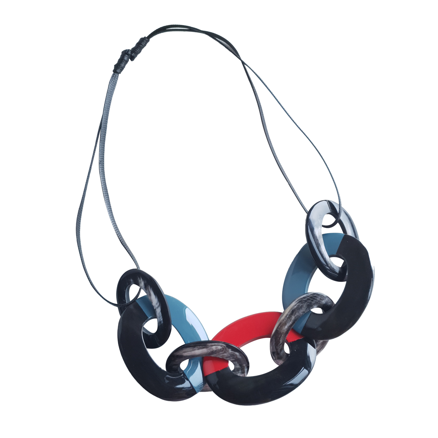 unique flame scarlet - cadet blue lacquer buffalo horn necklace combined with adjustable cord in natural light- 60cm, an impressive gift for your friend