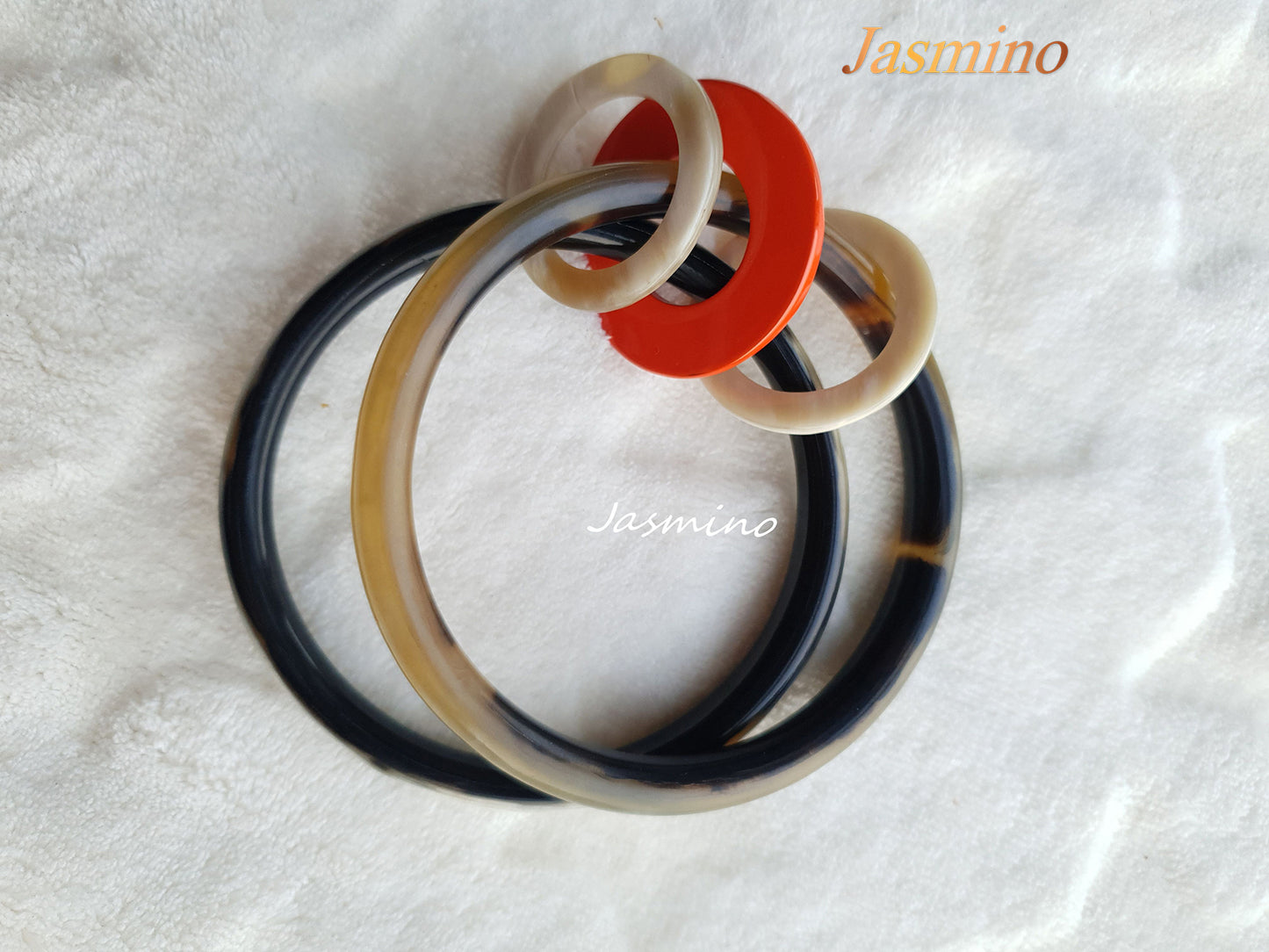 Jasmino unique handmade Bohemian Vintage double circle thin bracelet is detailed by three bright small circles in natural buffalo horn for women's gifts