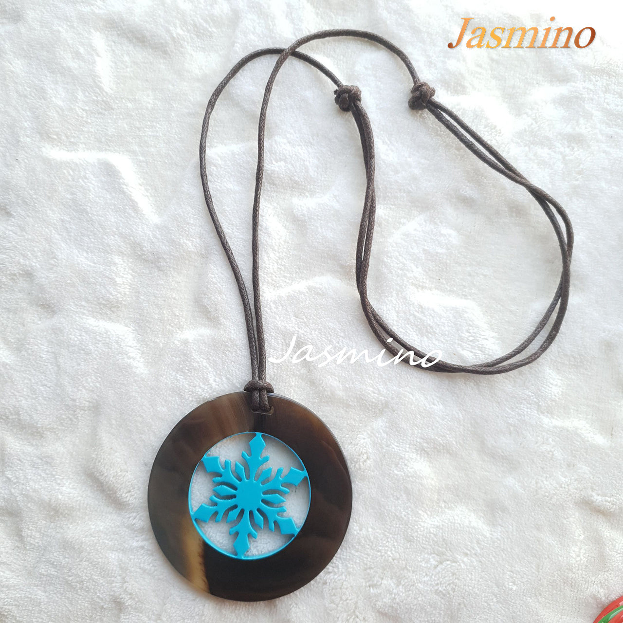 round pendant designed with natural buffalo horn contour, inside with snowflake pattern made of sky blue lacquer natural buffalo horn, Impressive Christmas gifts for her 