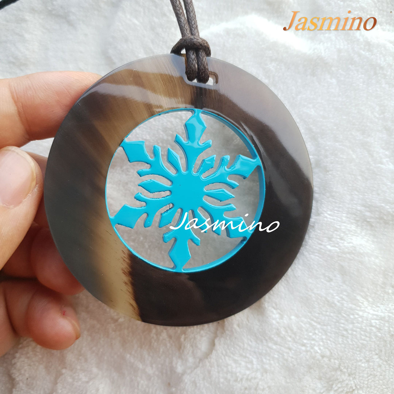 round pendant designed with natural buffalo horn contour, inside with snowflake pattern made of sky blue lacquer natural buffalo horn, Impressive Christmas gifts for her 