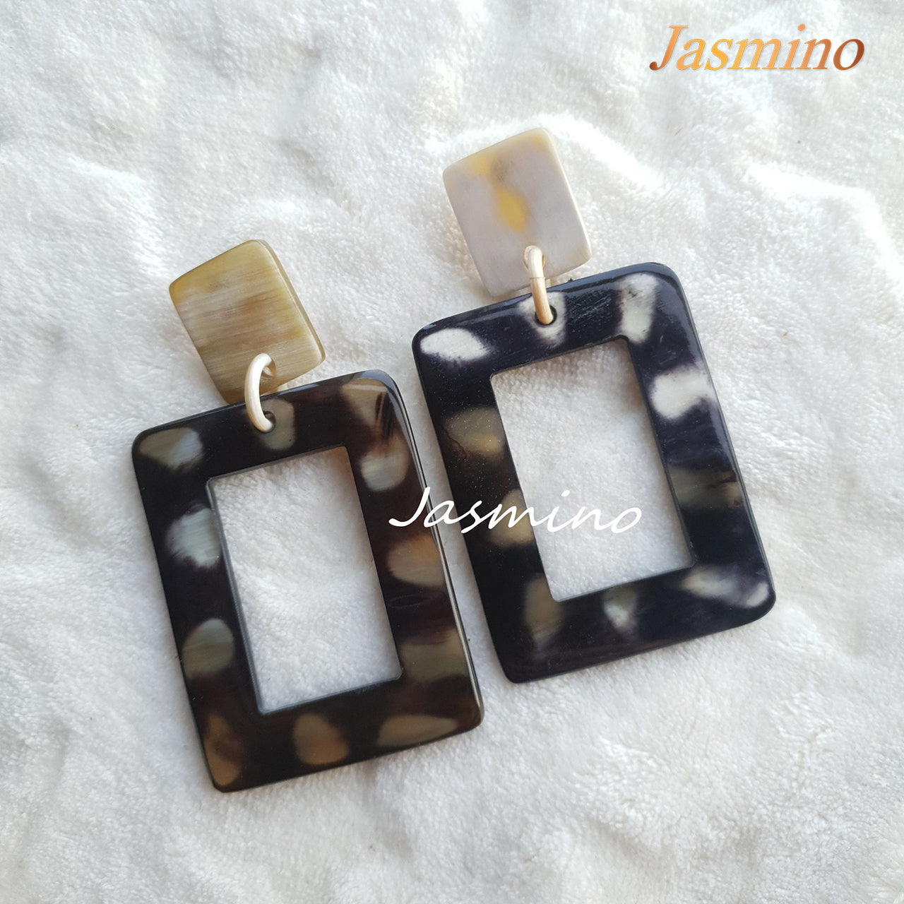 Jasmino unique spot black drop earrings feature a rectangle shape for Christmas gifts  