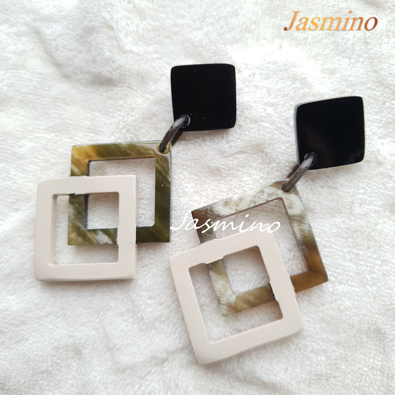 Jasmino Vintage double lozenge drop earrings feature white and brown made of natural buffalo horn