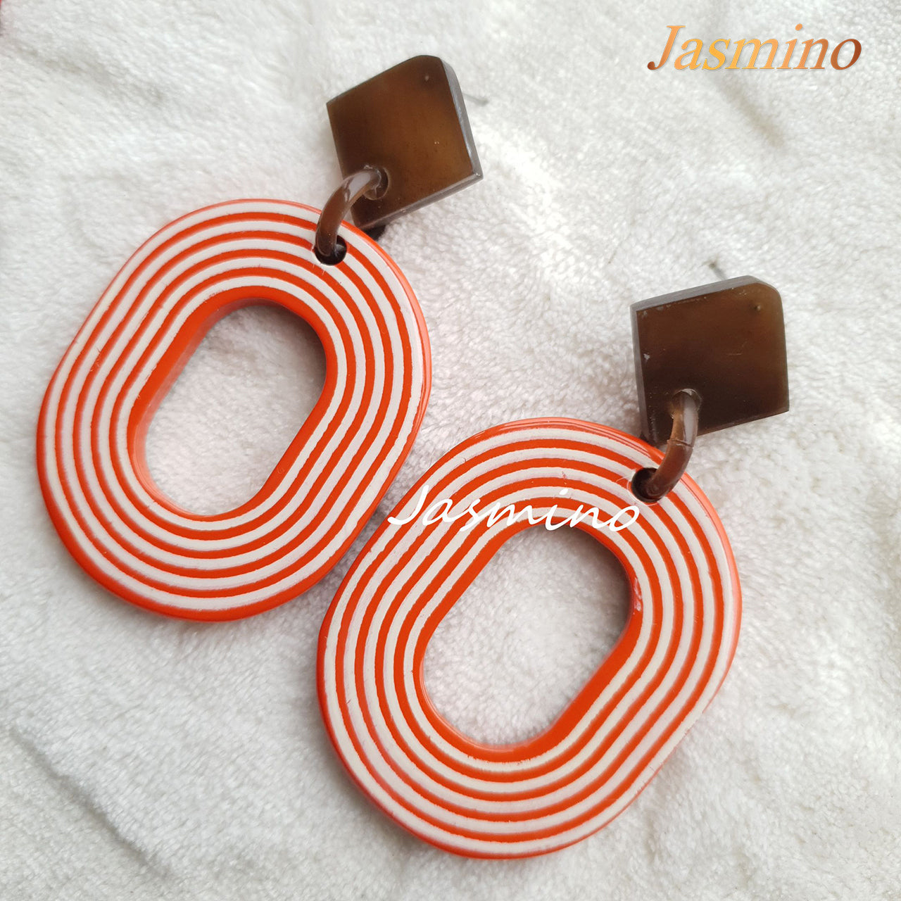 Jasmino sweet candy spiral oval earrings feature orange and white for Thanksgiving and Christmas gifts 