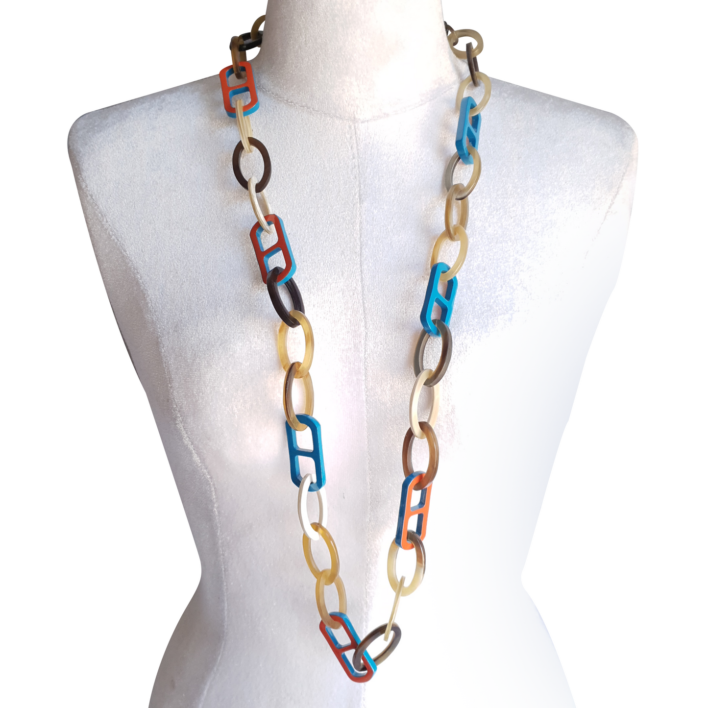 unique handmade Bohemian Beach chain link necklace jewelry features blue and brown in natural buffalo horn