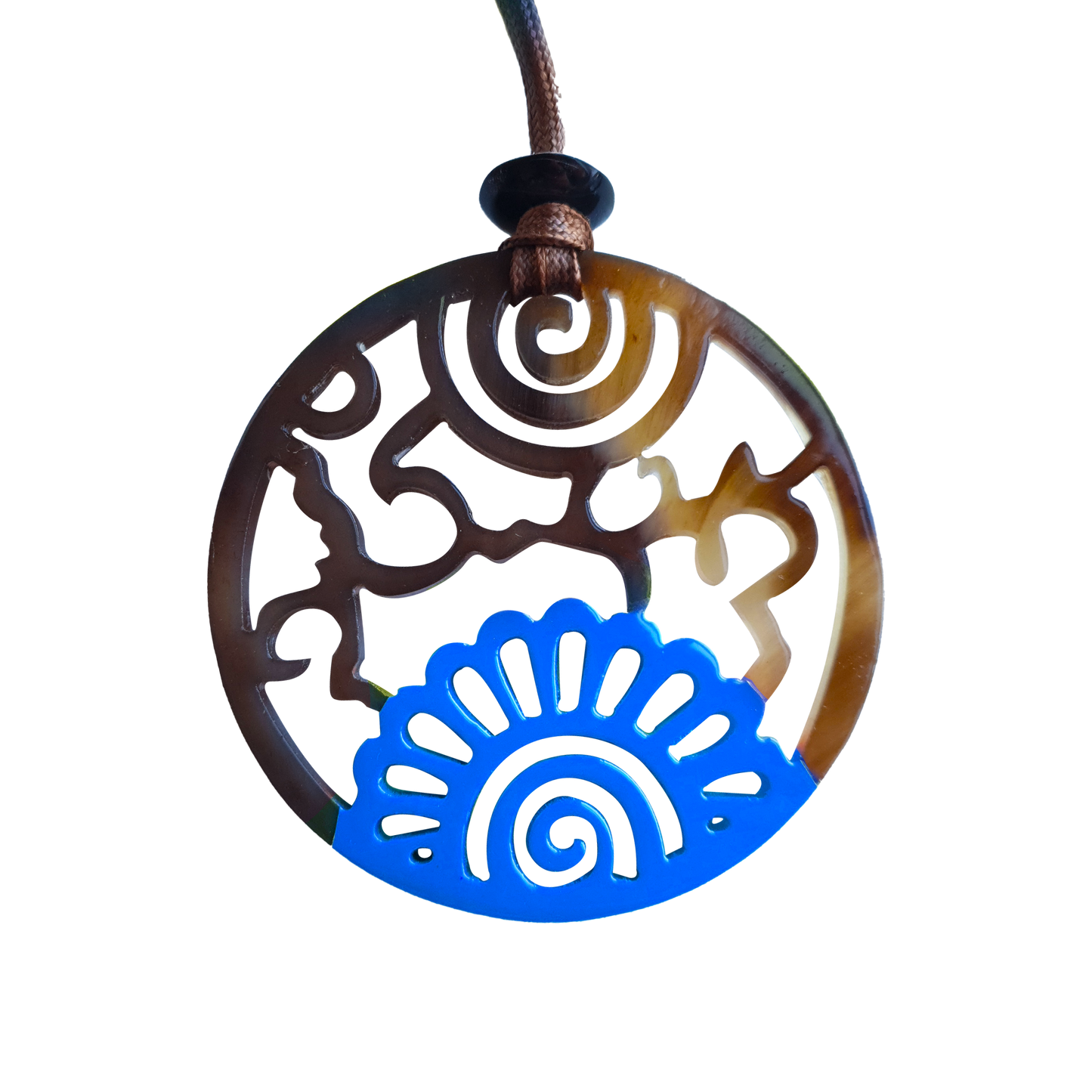 round blue pendant with unique pattern on the light background, impressive gift for your friend