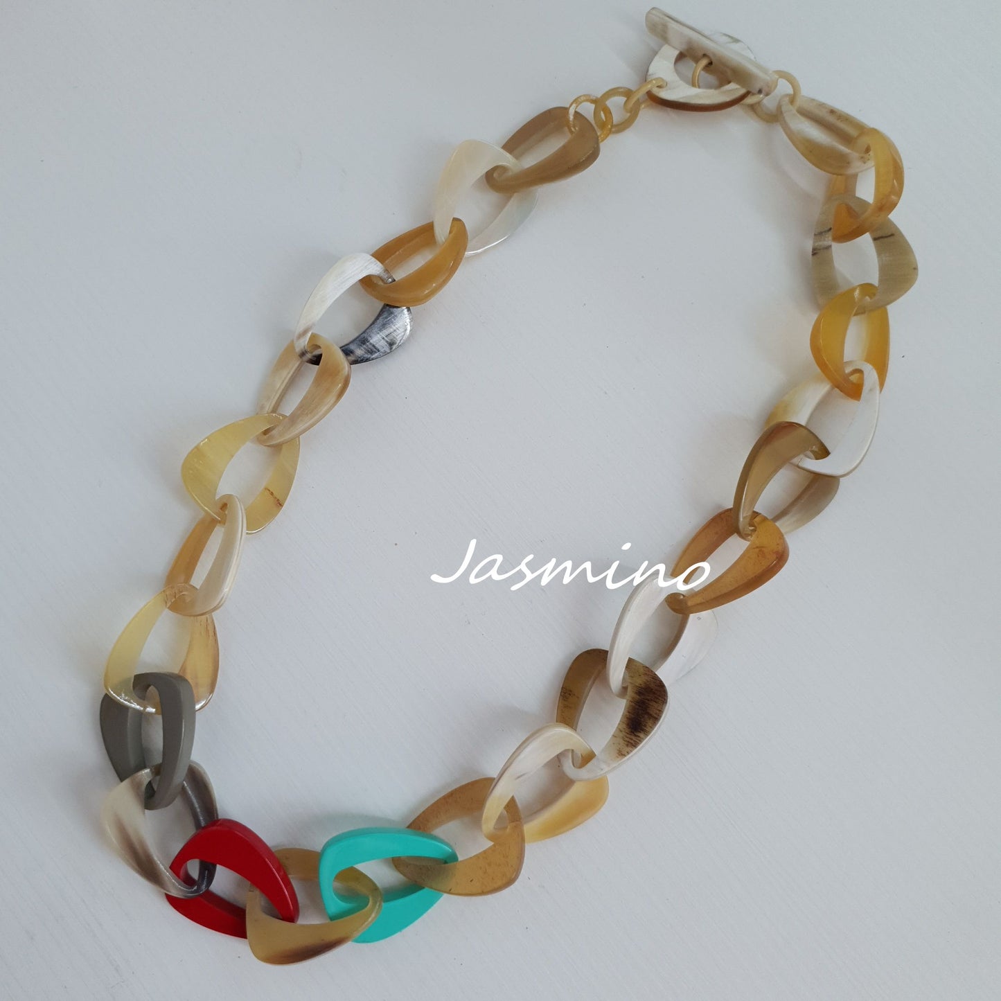 turquoise lacquer buffalo horn necklace on the light background- 65cm, jasmino.vn, impressive gift for her