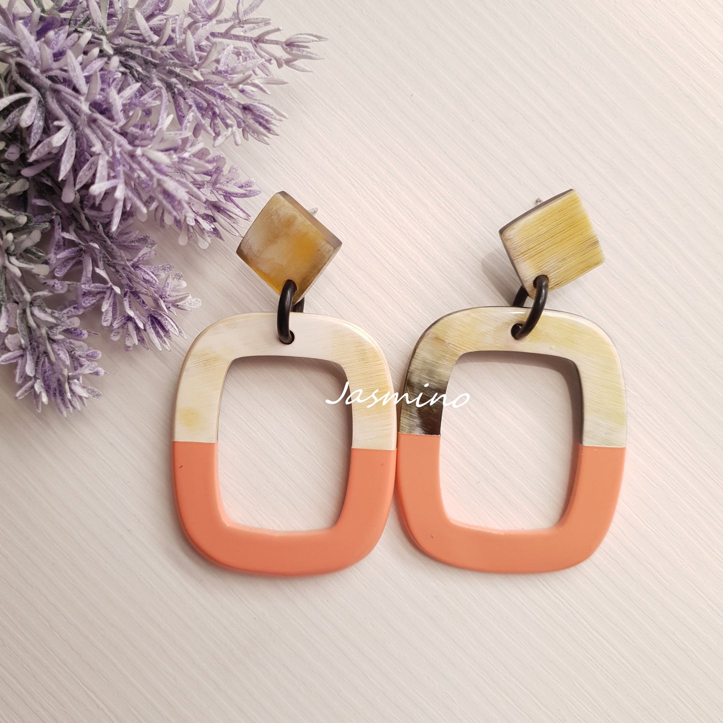 Rectangle earrings are designed with half natural horn and half coral pink lacquer, unique gift for her