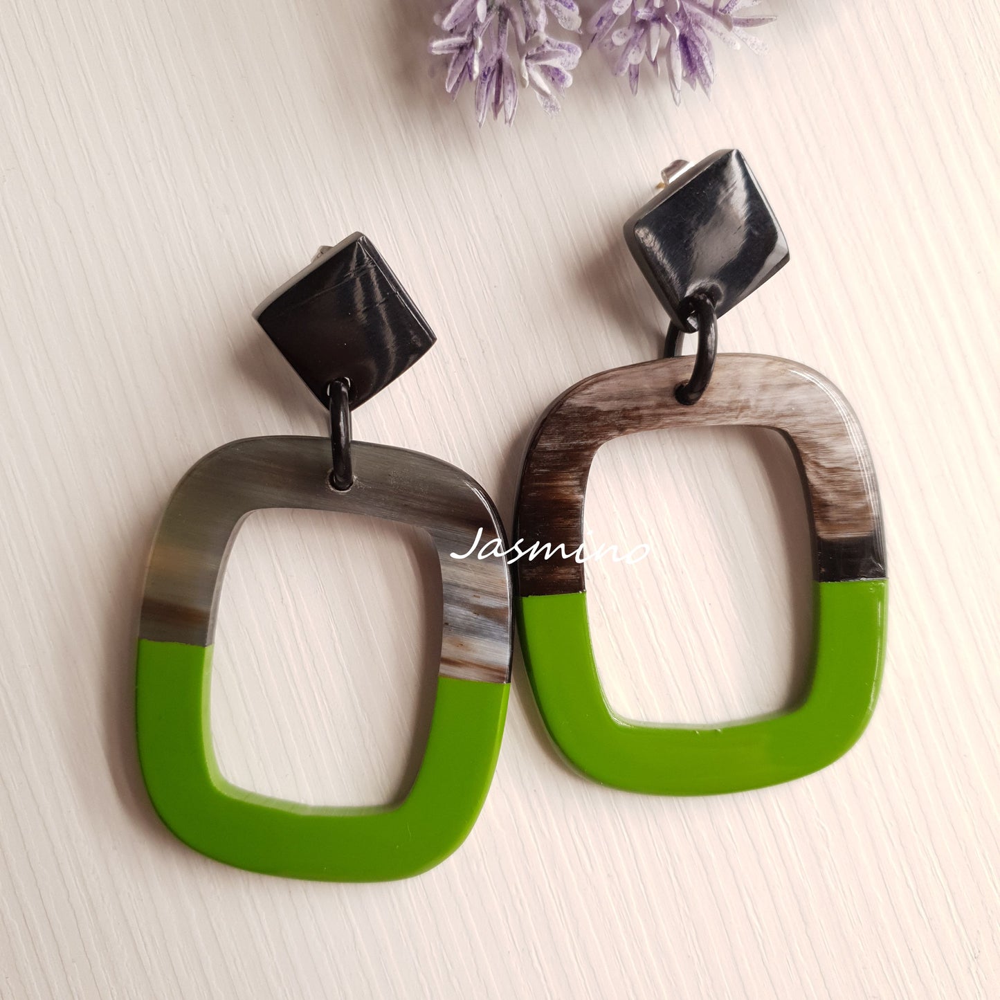 Rectangle earrings are designed with half natural horn and half green lacquer, unique gift for her