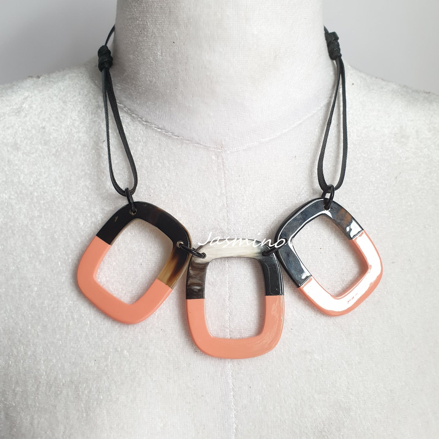 The necklace has large pieces with half natural horn and half salmon lacquer, unique gift for her