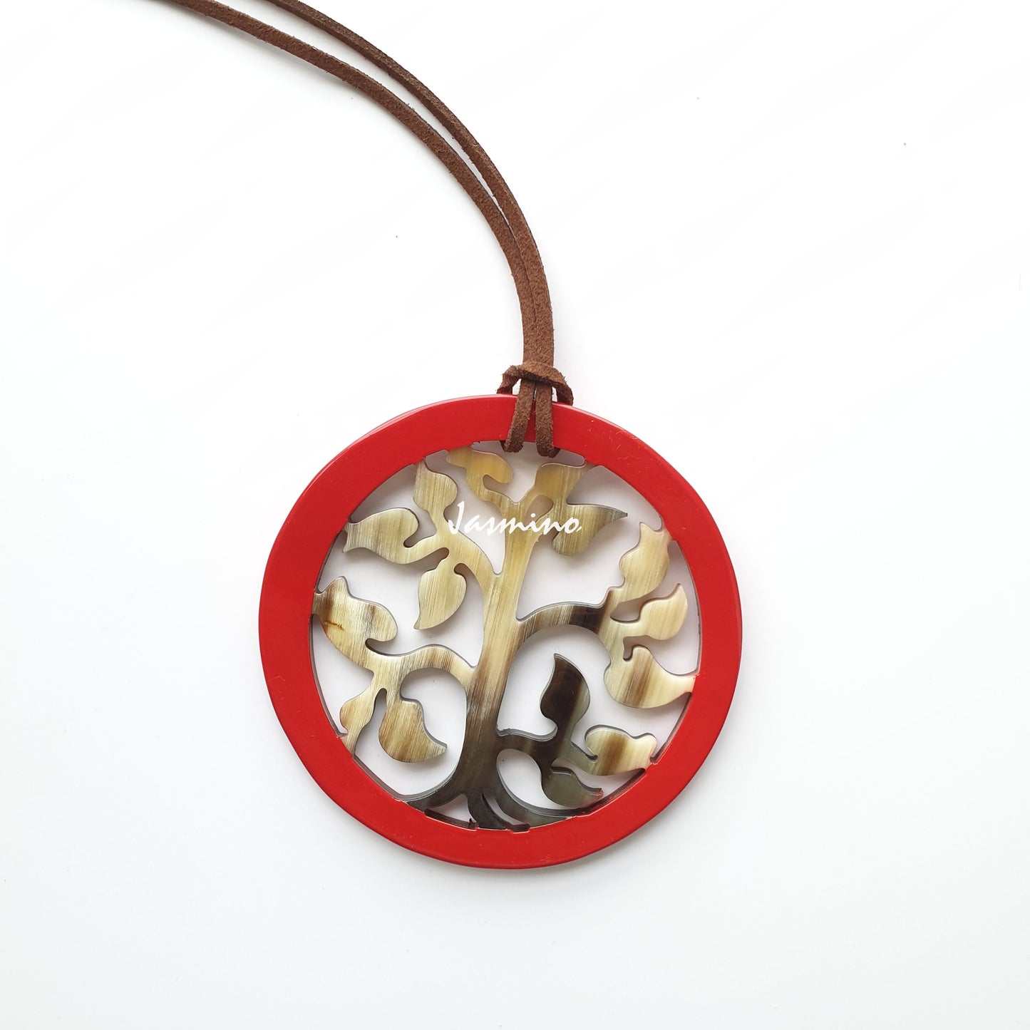 round pendant is designed with flame scarlet outline, inside with a tree pattern made of unique natural buffalo horn on a light background- 8cm, jasmino.vn