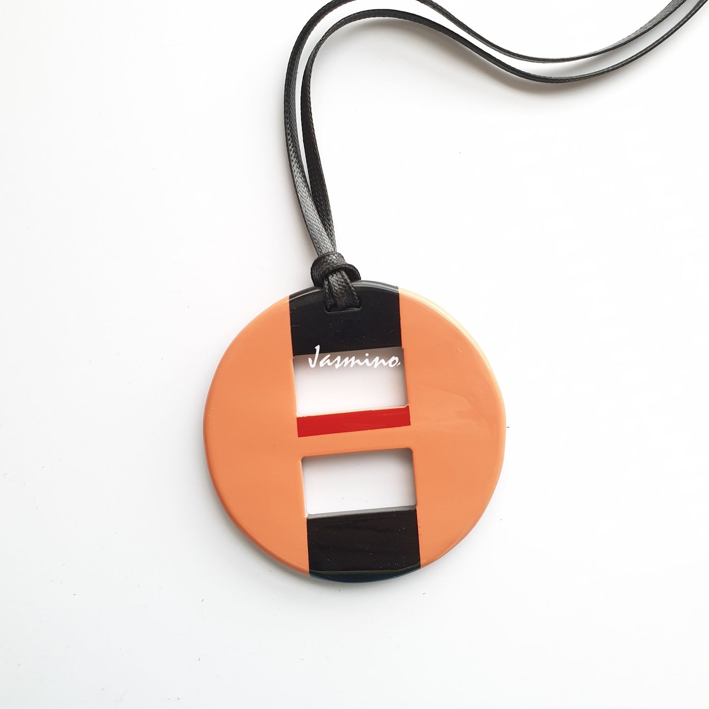 trendy circle salmon lacquer pendant on the light background- 8cm, impressive gift for her