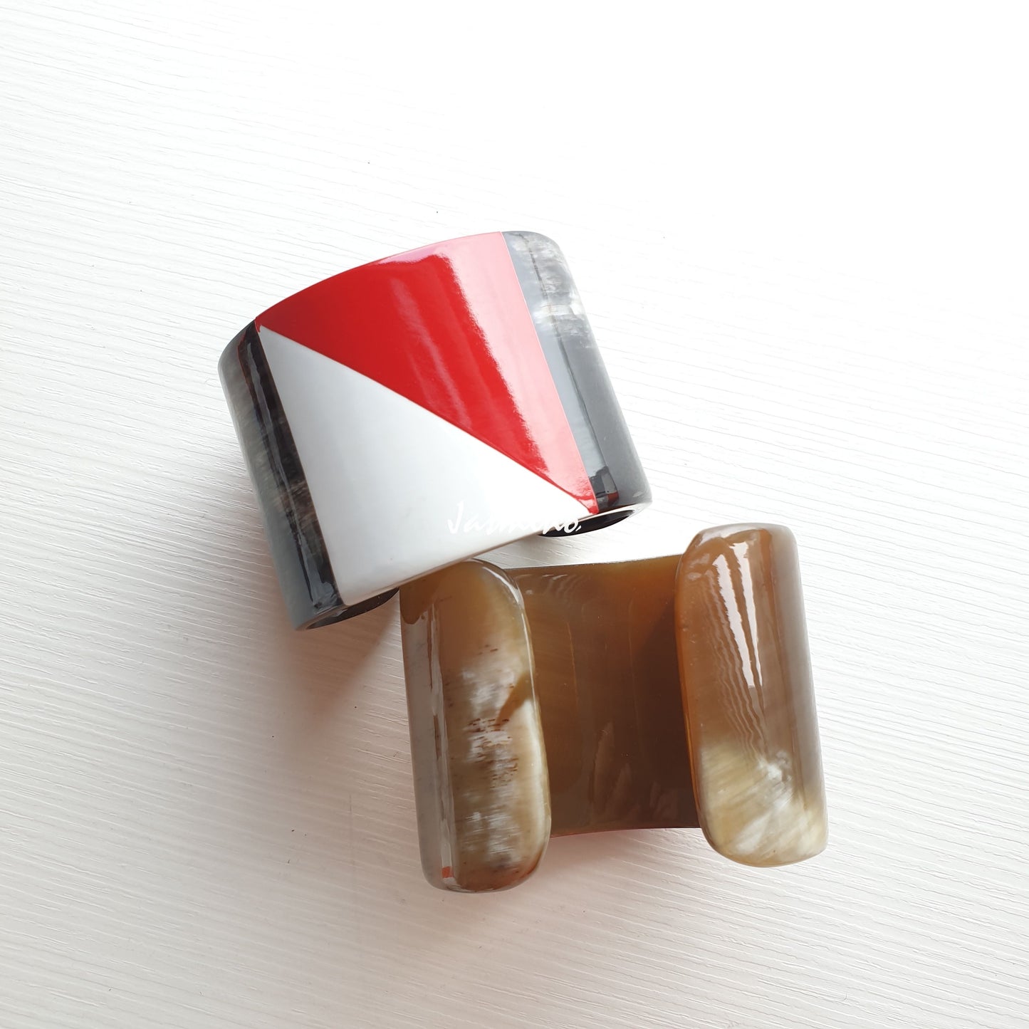 two unique handmade Christmas cuff bracelet features red and white in natural buffalo horn for women