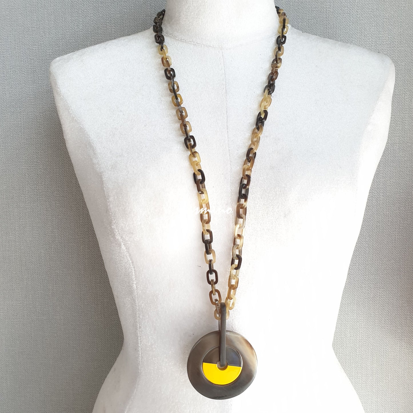 yellow circle horn necklace in natural light, 90cm